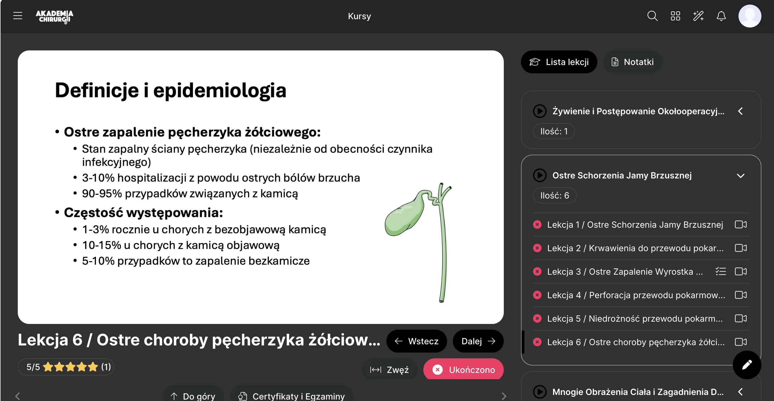 Odtwarzacz lekcji i lista lekcji kursu na platformie Akademii Chirurgii